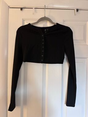 Black Ribbed Button Long Sleeve Top (Size S)